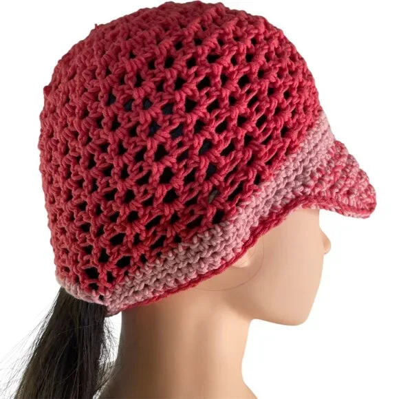 Crochet Baseball Cap Ponytail Hat Breathable Pattern Pink Adult Size Handmade - Picture 8 of 8